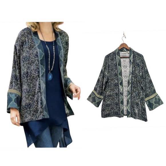 Soft Surroundings Aurora Topper Green Geometric Kimono Size L Burnt Velvet Tunic - Picture 1 of 9